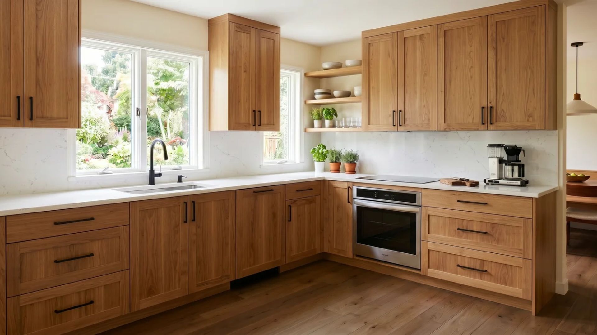 Natural wood Shaker kitchen featuring seamless full overlay cabinets with modern black handles.