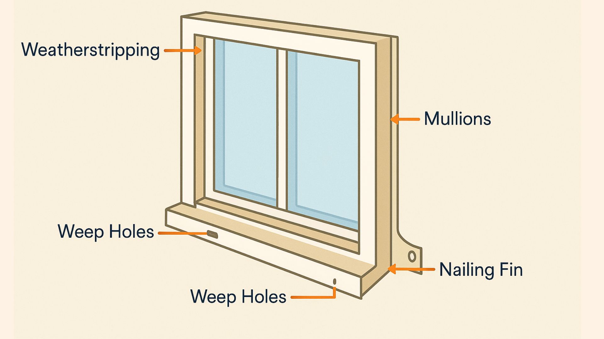 A diagram of a window labeling functional parts: weatherstripping, mullions, weep holes, and a nailing fin.