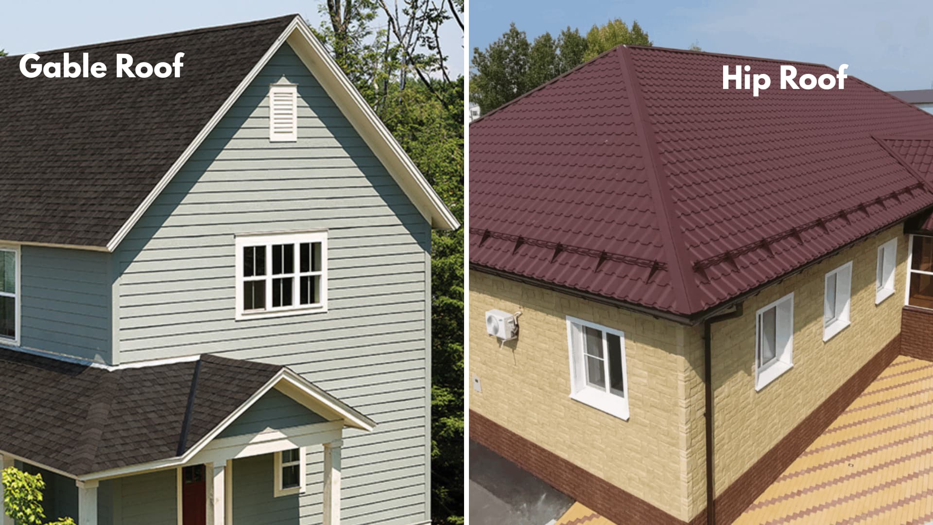 A side-by-side comparison of a light blue house with a triangular **Gable Roof** (left) and a brick house with a four-sided **Hip Roof** (right).