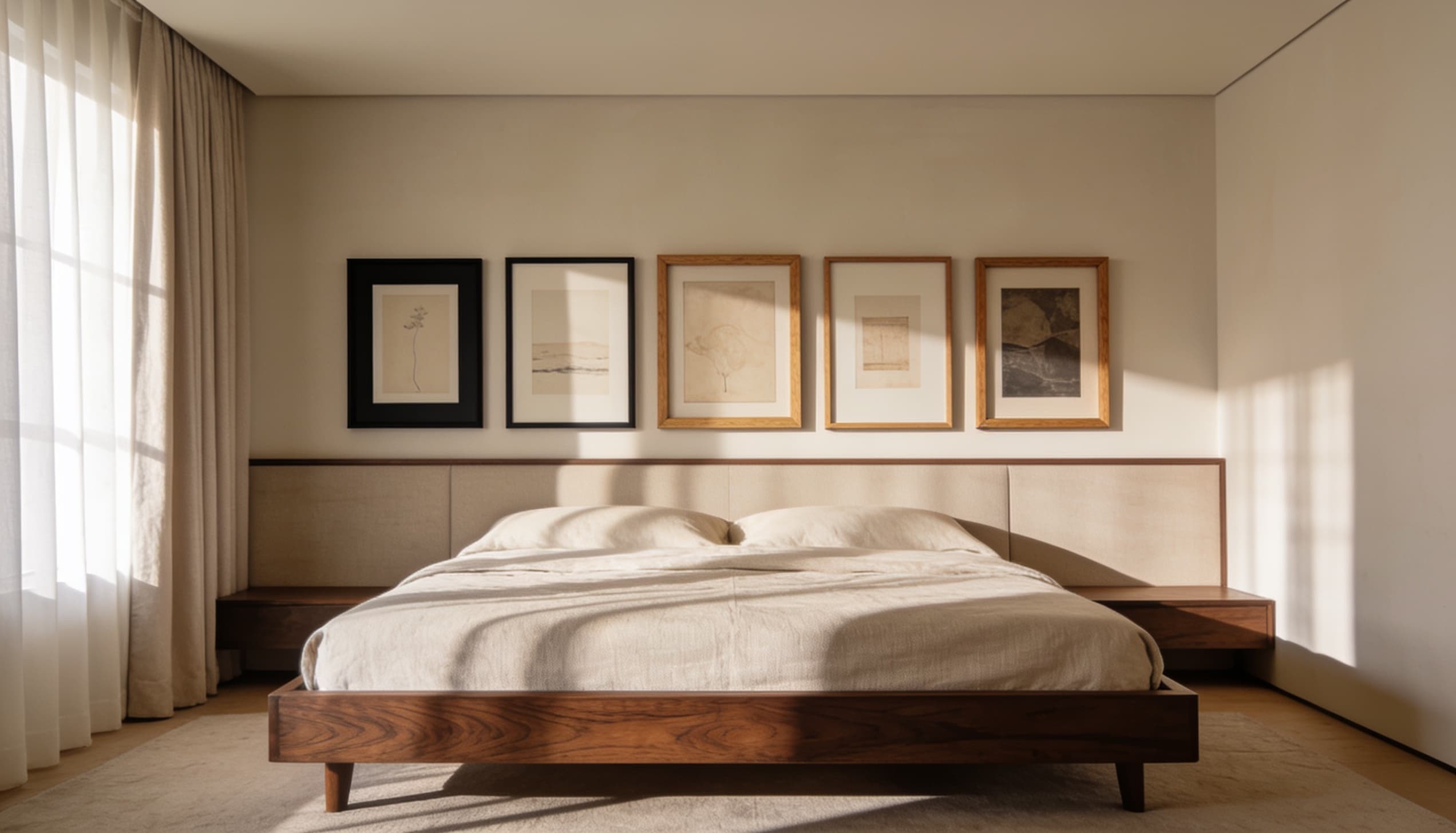 Wall decor for bedroom with curated gallery wall of mixed frames above a modern king-size bed.