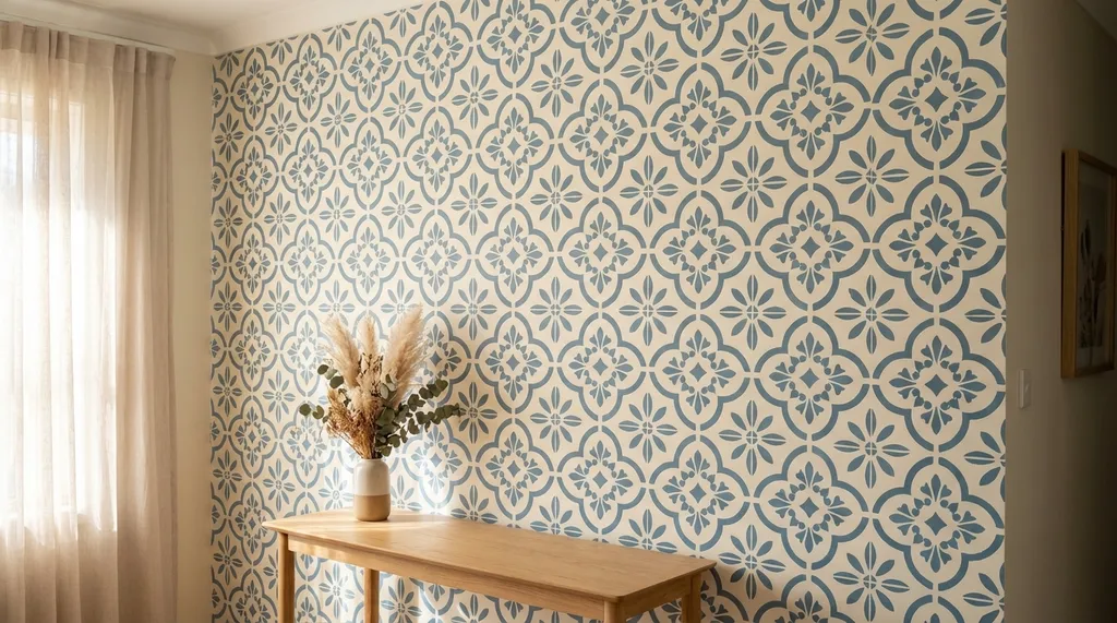 A beautifully patterned blue and white floral stencil design on the wall, creating a timeless and inviting charm.