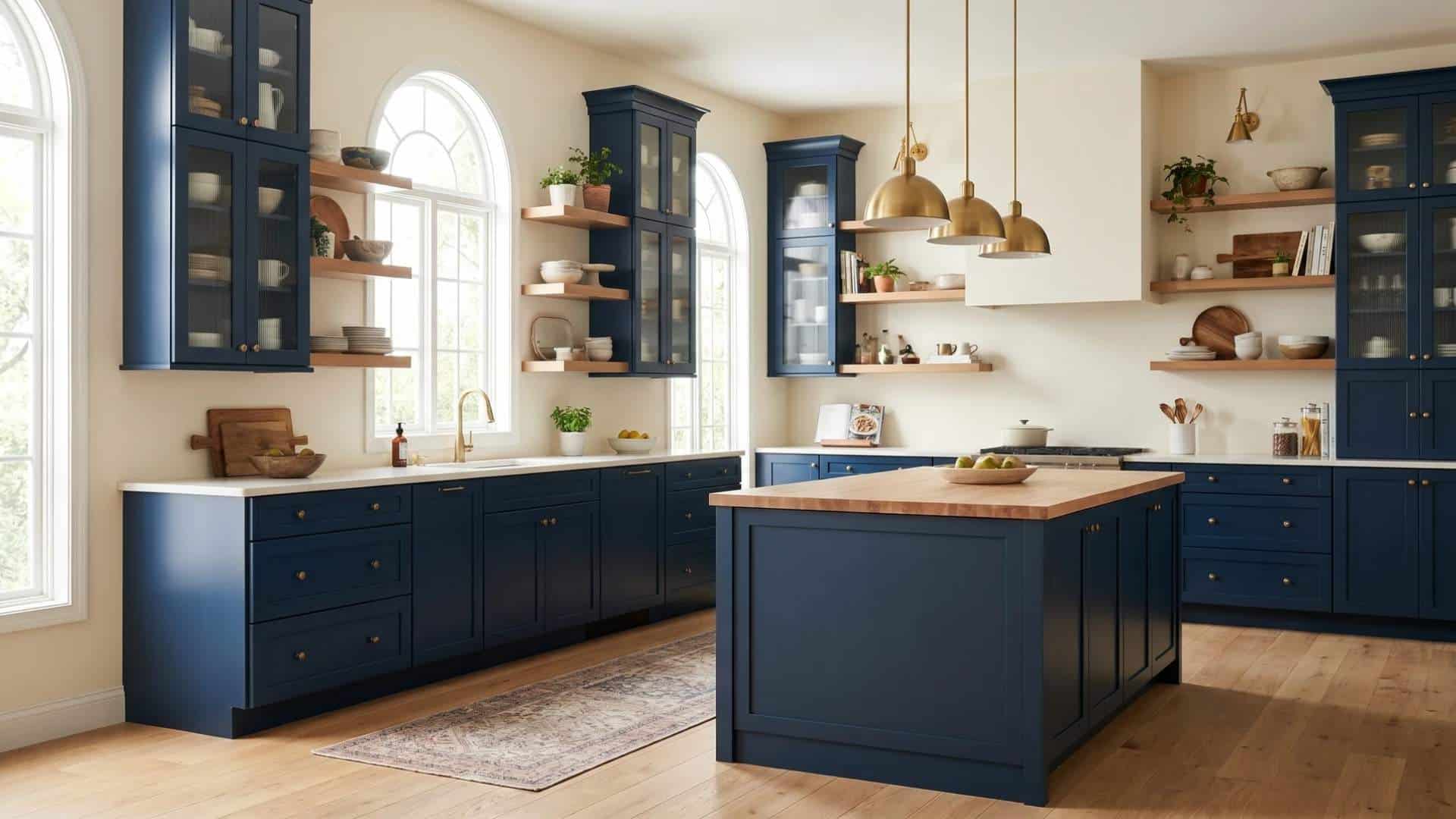 Bold navy painted kitchen cabinets with glass fronts and floating wooden shelves, paired with brass pendant lights