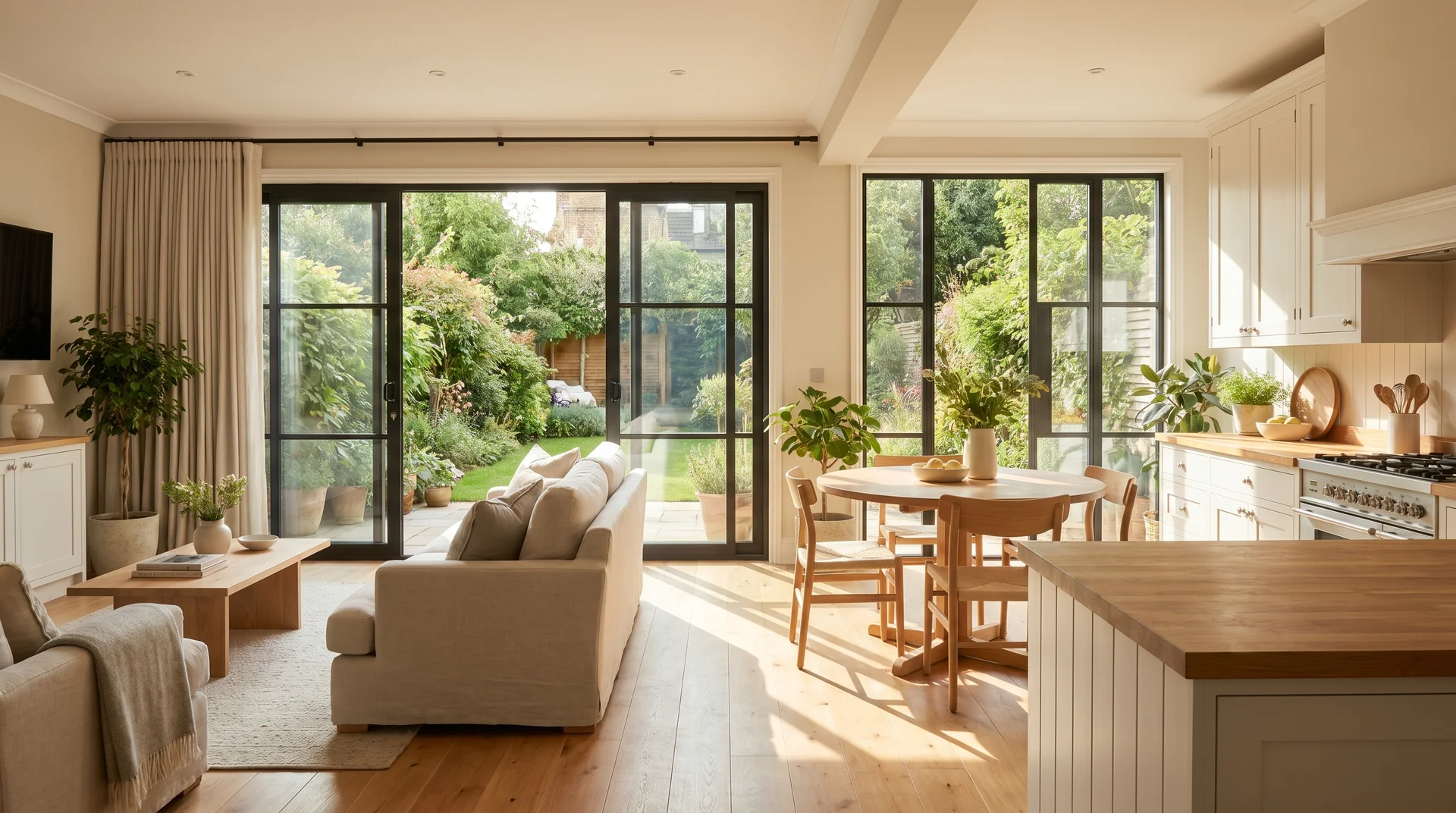 Black-framed sliding glass doors opening to a garden, filling a modern open-concept kitchen and living room with natural light.