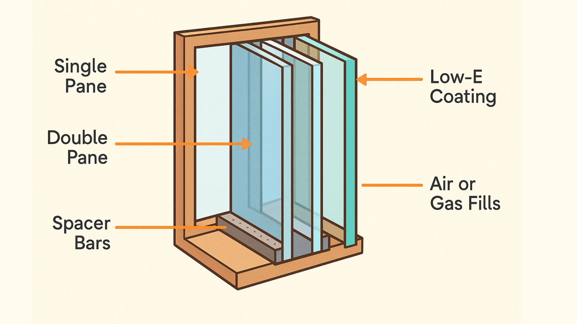A diagram of a window glazing unit labeling single pane, double pane, spacer bars, Low-E coating, and air or gas fills.