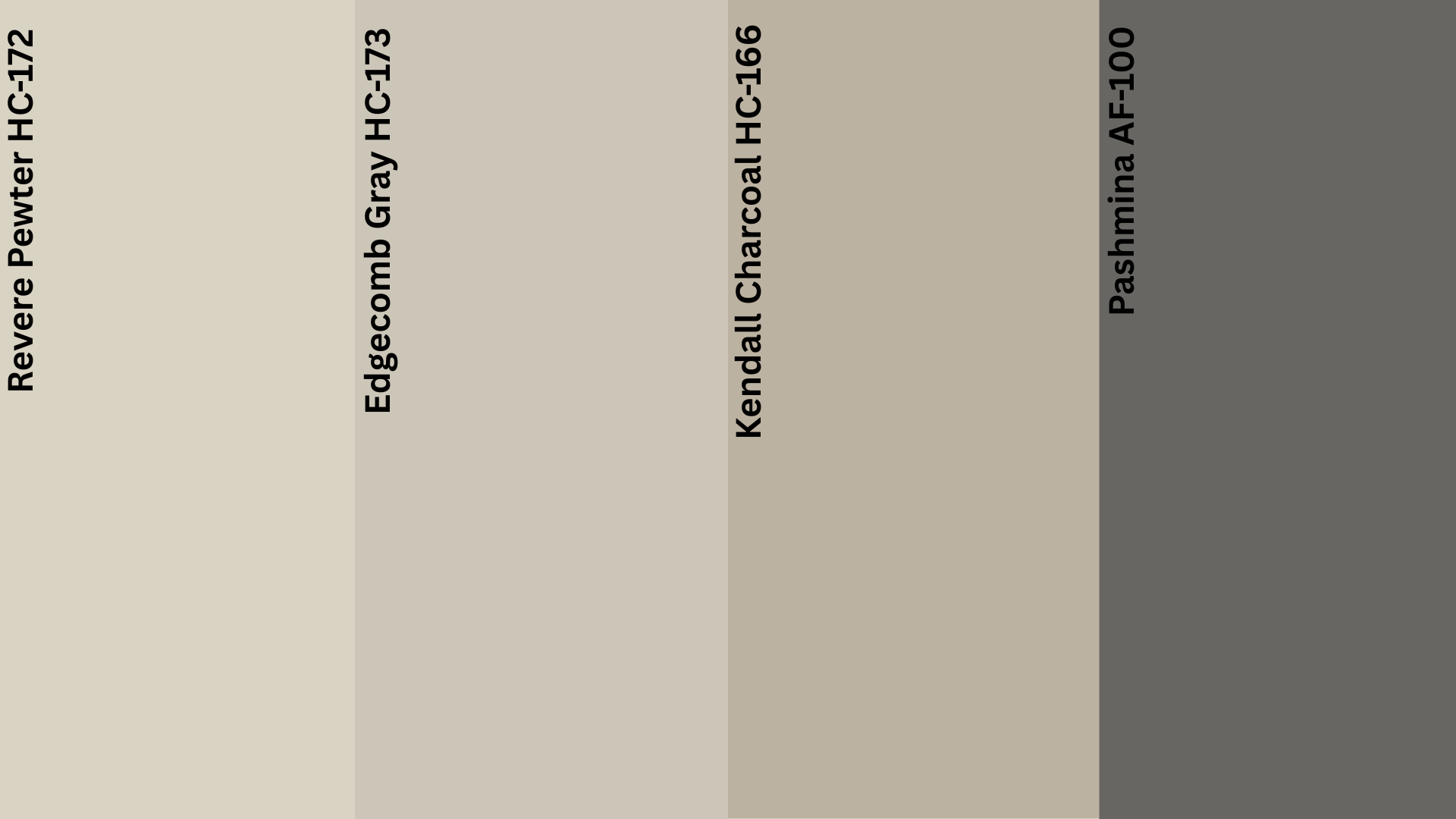 Comparison of Benjamin Moore Revere Pewter HC-172, Edgecomb Gray HC-173, Kendall Charcoal HC-166 and Pashmina AF-100
