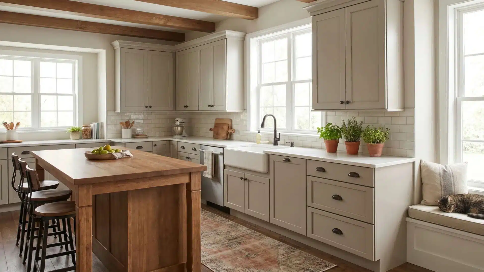 Modern kitchen with greige painted kitchen cabinets, a navy island, farmhouse sink, and wooden accents
