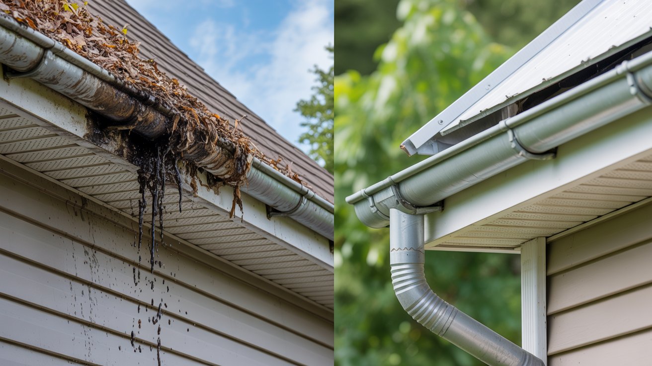 Side-by-side of a dirty, leaf-filled gutter and a new black gutter system.