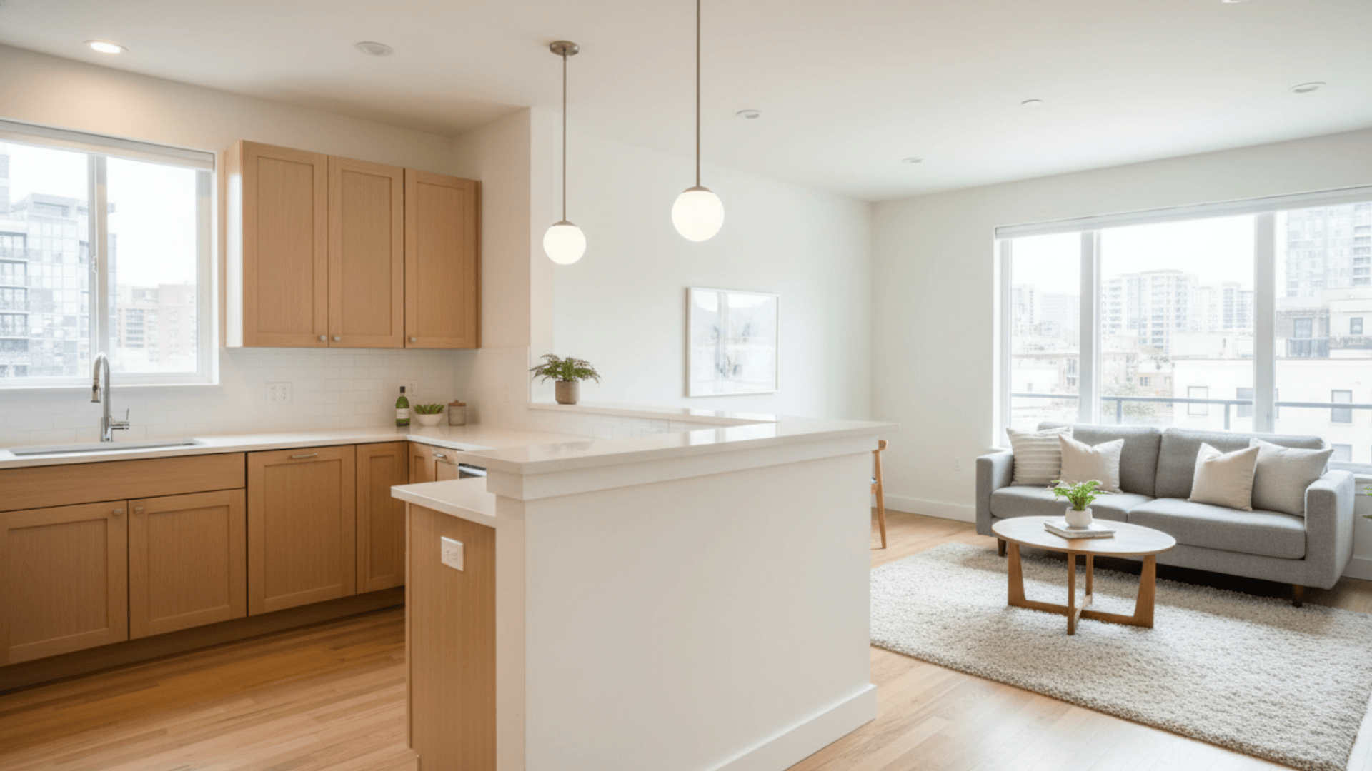 Light wood kitchen cabinets and a white half-wall partition looking into a sunlit living room with a grey sofa.