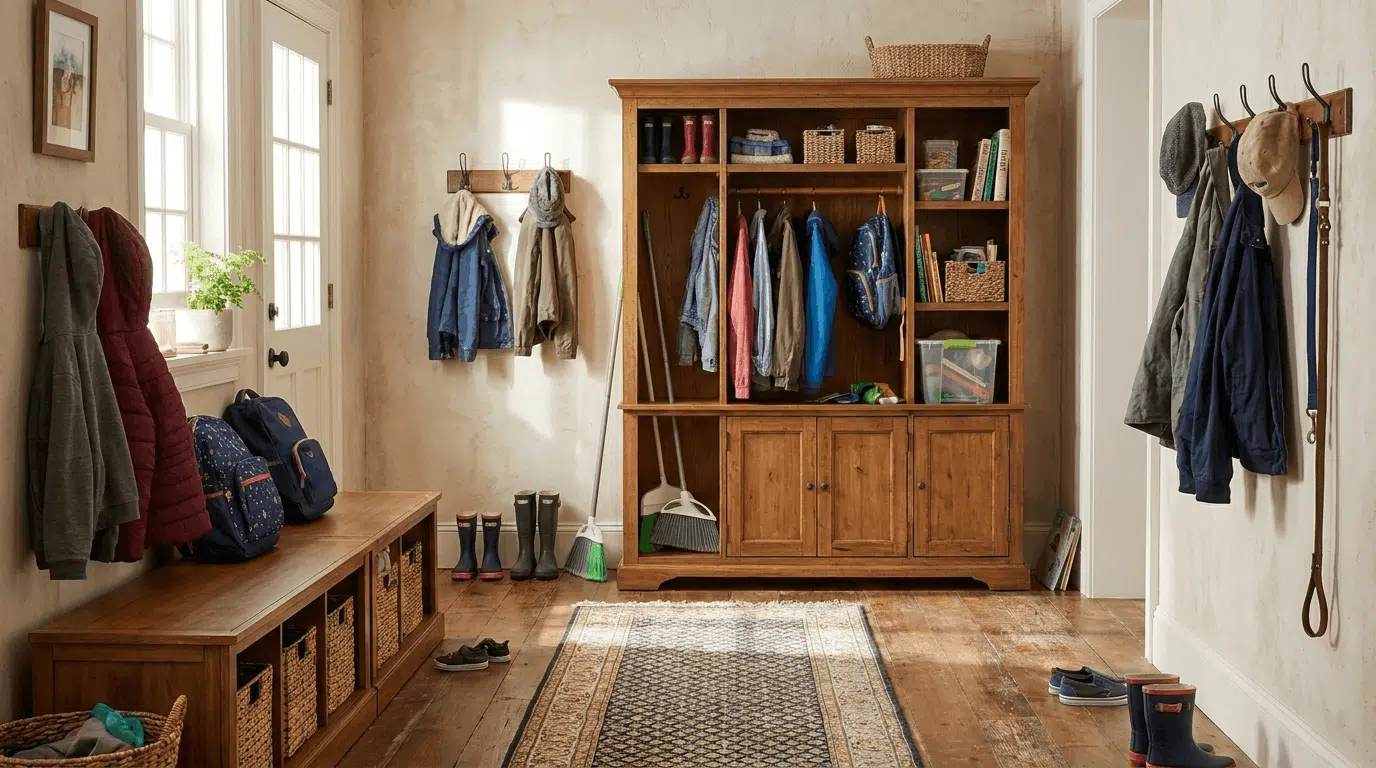Tall hallway cupboard storing coats, shoes, umbrellas, and cleaning supplies neatly.