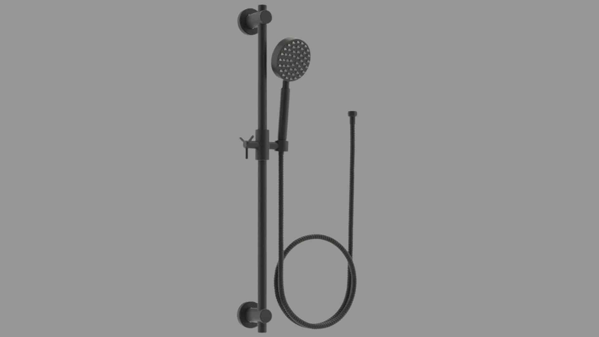 Matte black handheld showerhead mounted on an adjustable slide rail with flexible hose and minimalist wall fittings.