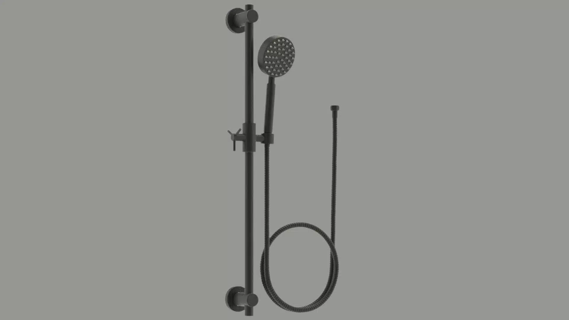 Matte black handheld showerhead mounted on an adjustable slide rail with flexible hose and minimalist wall fittings.