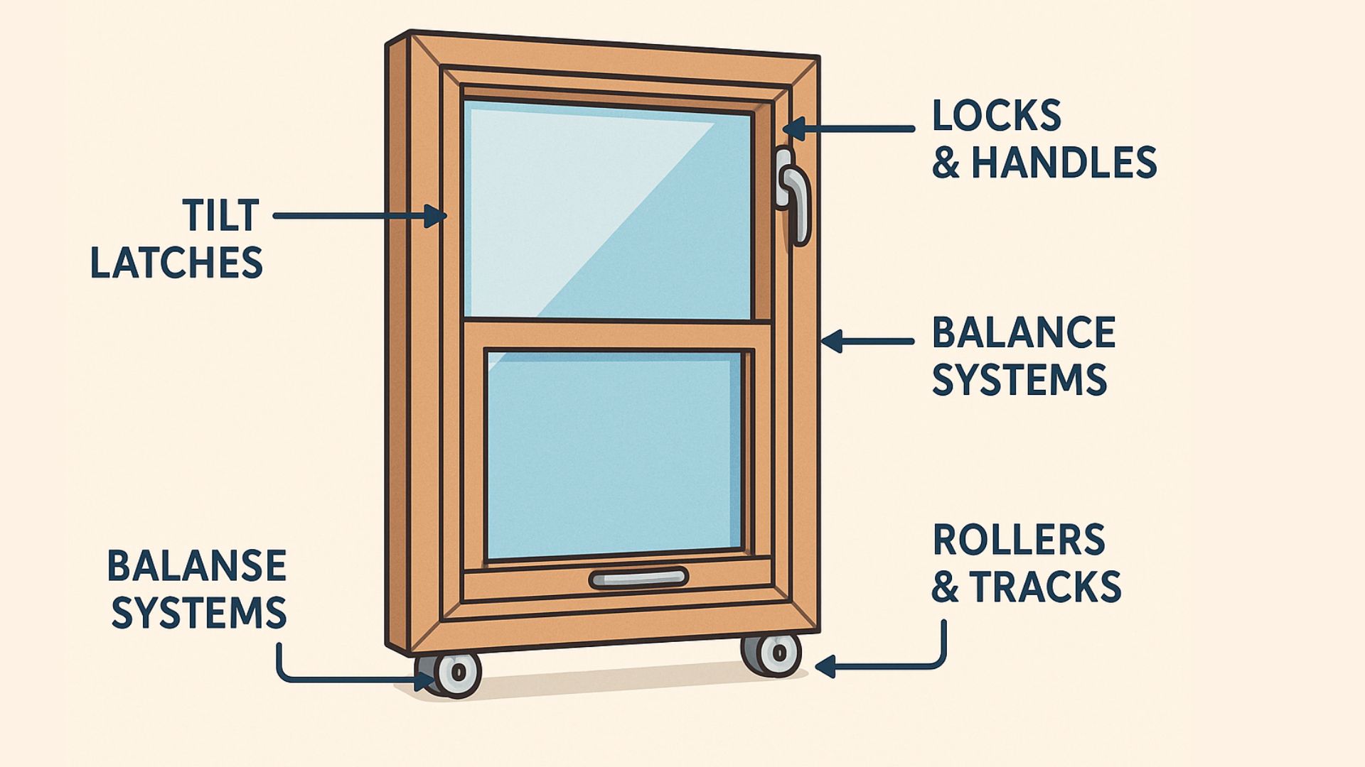 A diagram of a window labeling hardware: tilt latches, locks and handles, balance systems, and rollers and tracks.
