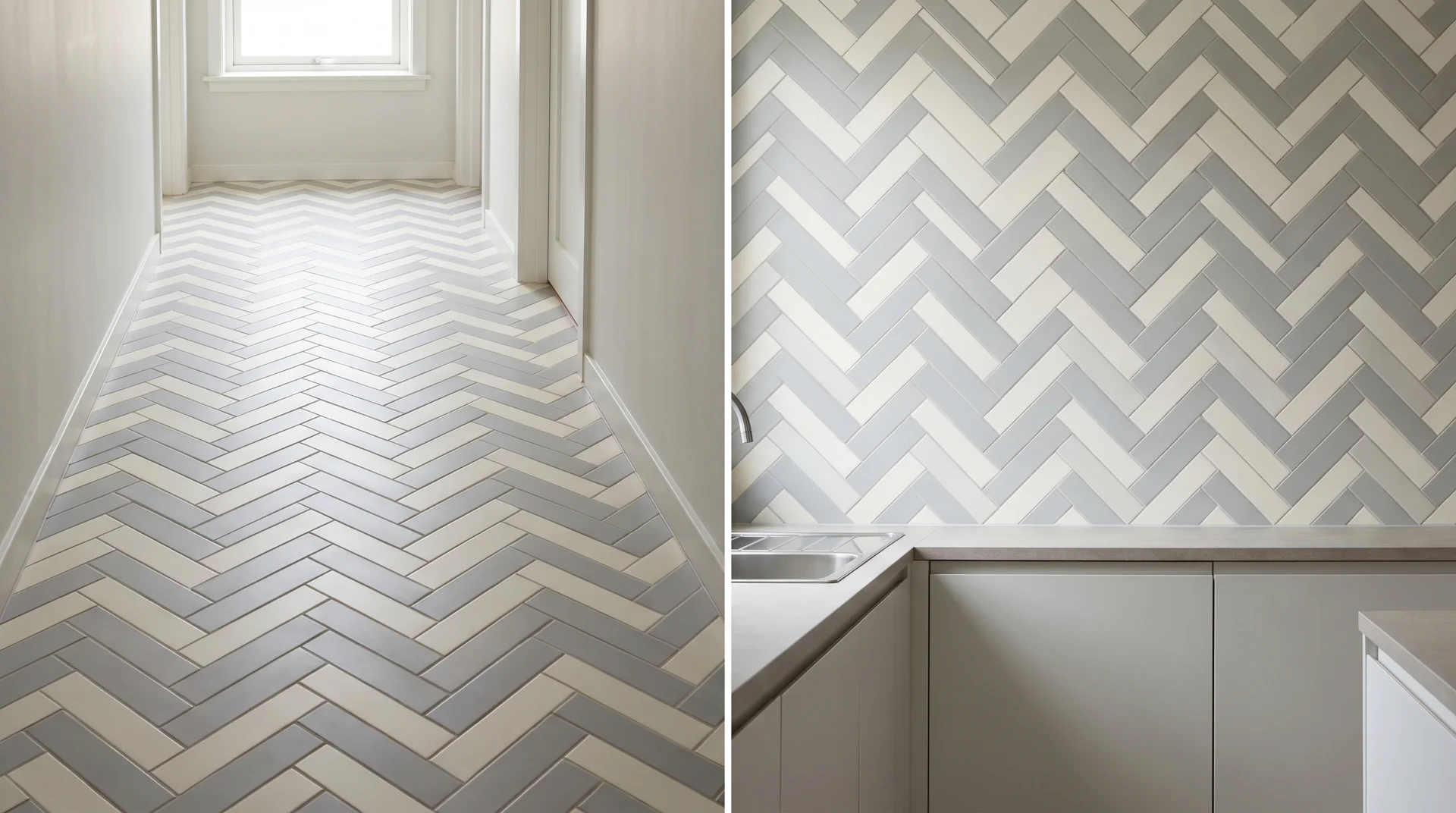 Herringbone pattern with gray and white tiles on the left floor and wall backsplash in a modern kitchen.