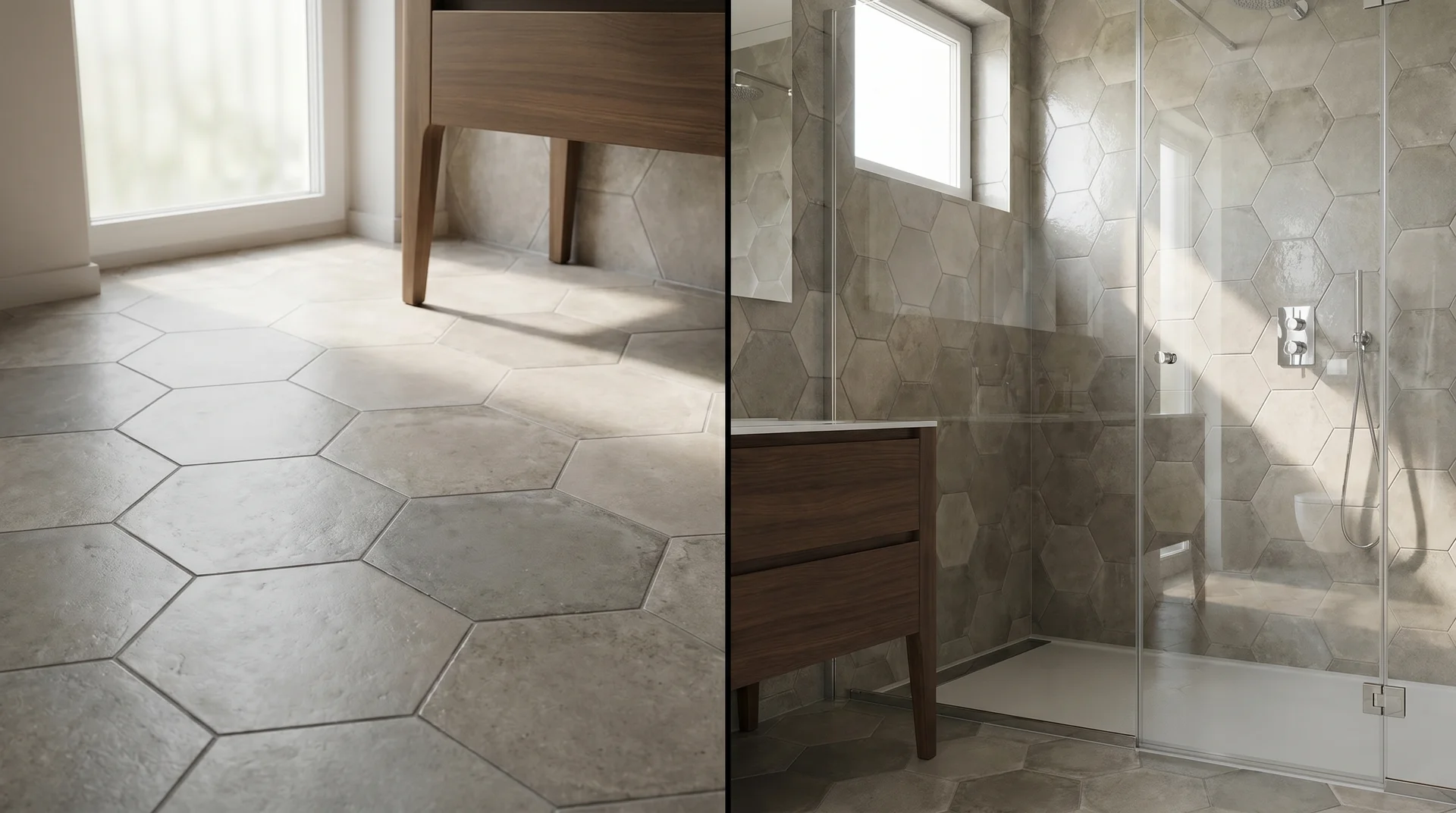 Hexagon honeycomb tiles on a modern bathroom floor and shower wall design.