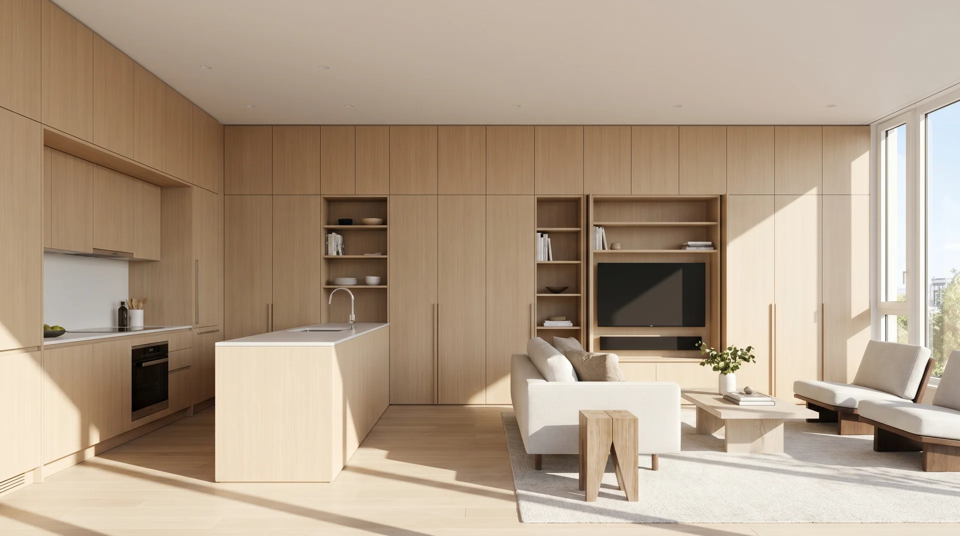 Seamless floor-to-ceiling wood storage panels built into a modern open-concept living room and white kitchen island layout.