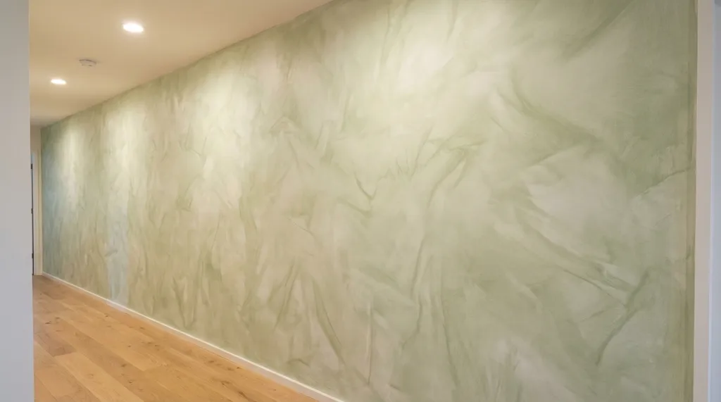 A fresh light green wall with a soft, elegant texture, giving the room a calming and peaceful ambiance.