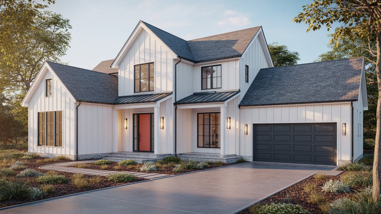 Full wide-angle view of a modern white farmhouse with a new charcoal roof, vibrant coral front door, and fresh landscaping.