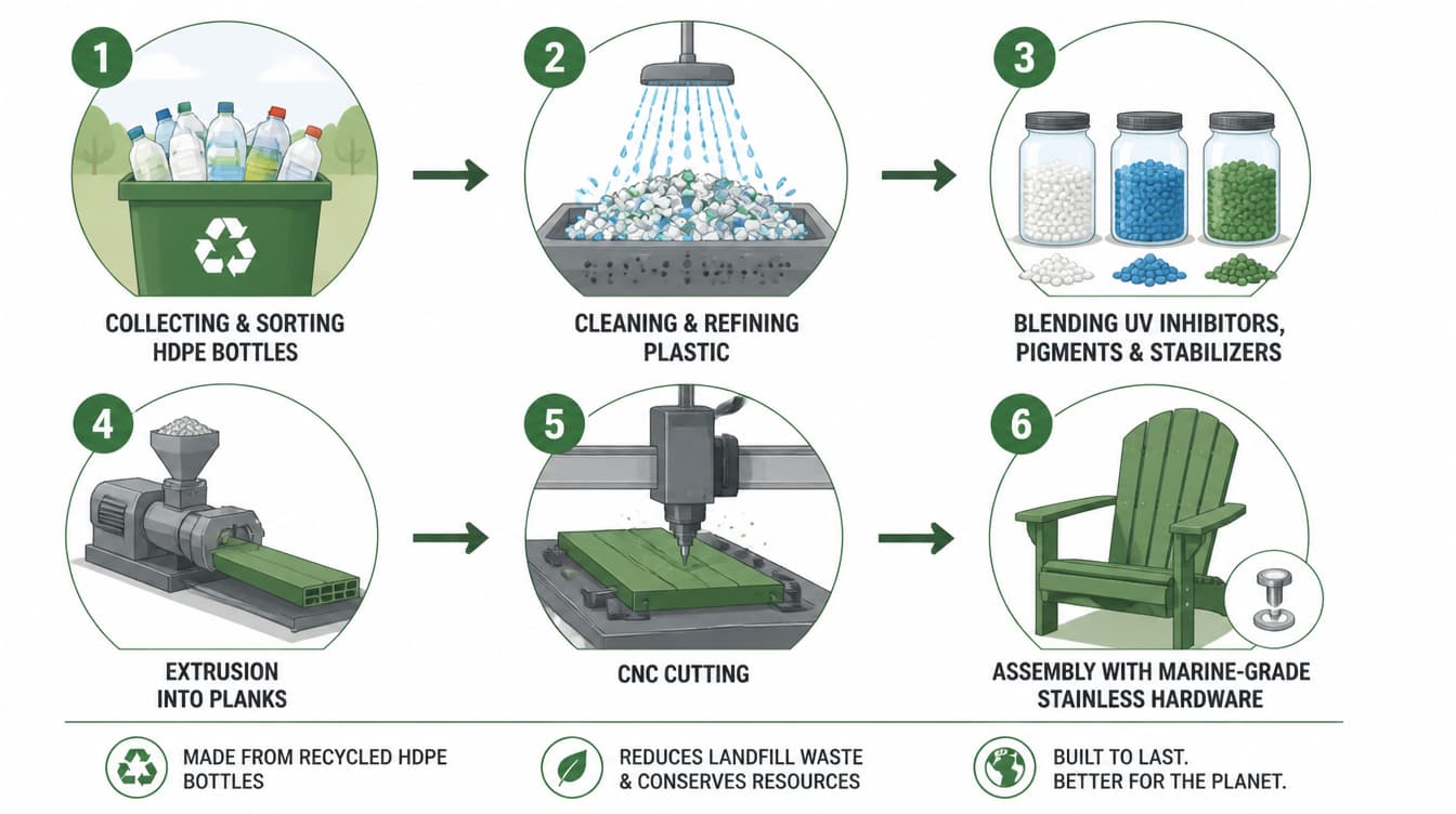 Step-by-step process of manufacturing Polywood furniture from recycled HDPE bottles, showing extrusion and assembly stages.