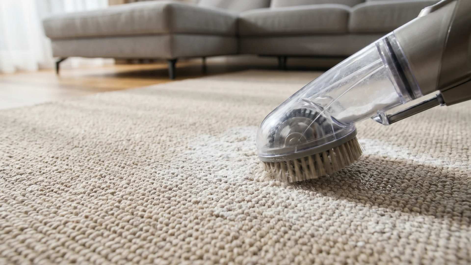Close-up of vacuum cleaning a beige carpet, demonstrating how to clean carpets with baking soda effectively.