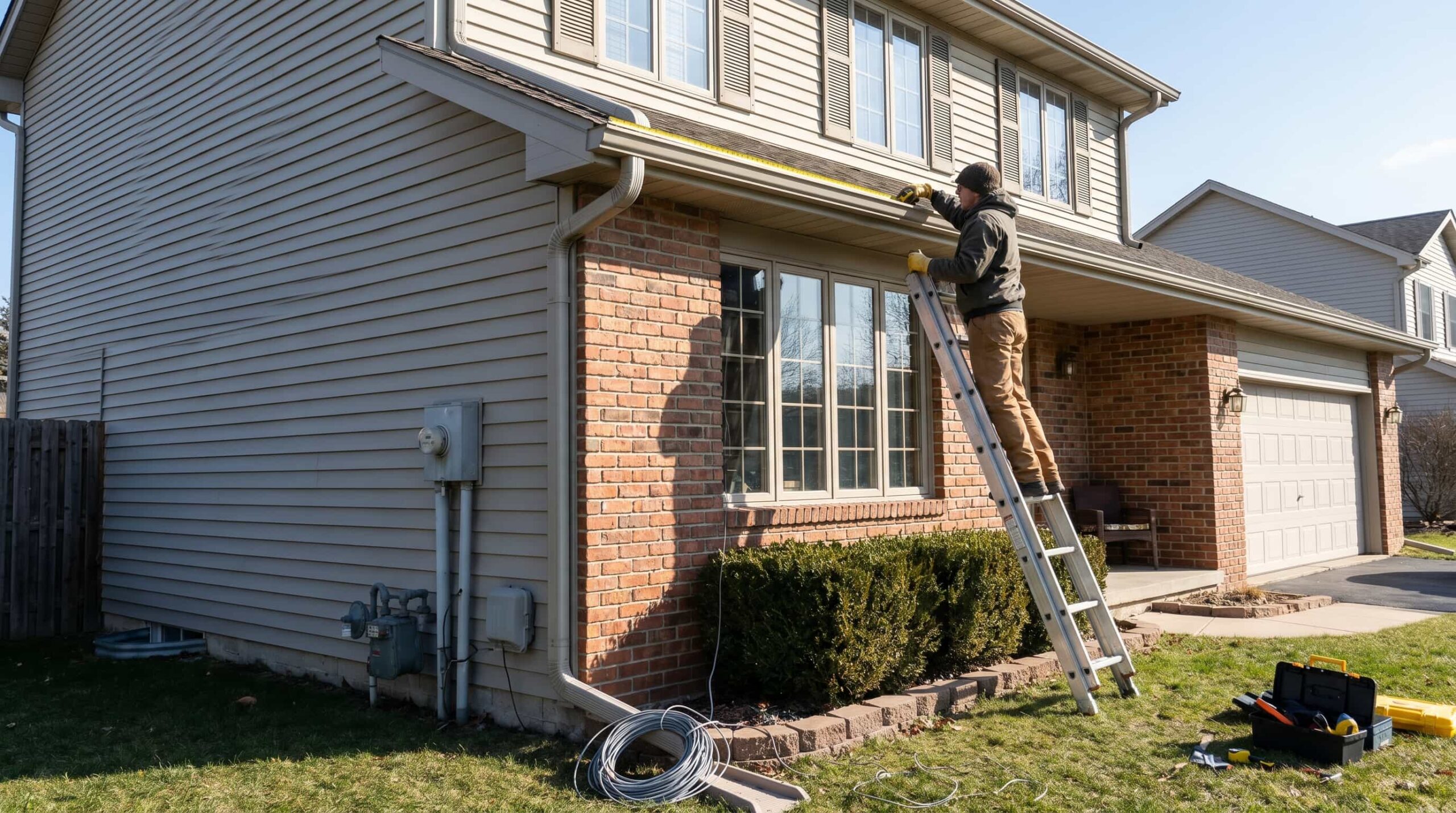 Homeowner measuring roofline before gutter heat tape installation to determine correct cable length and placement.