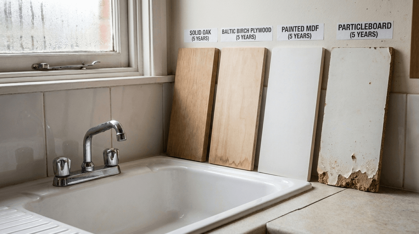 Comparison of cupboard materials showing moisture damage and long-term durability.