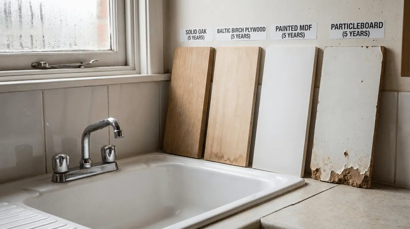 Comparison of cupboard materials showing moisture damage and long-term durability.
