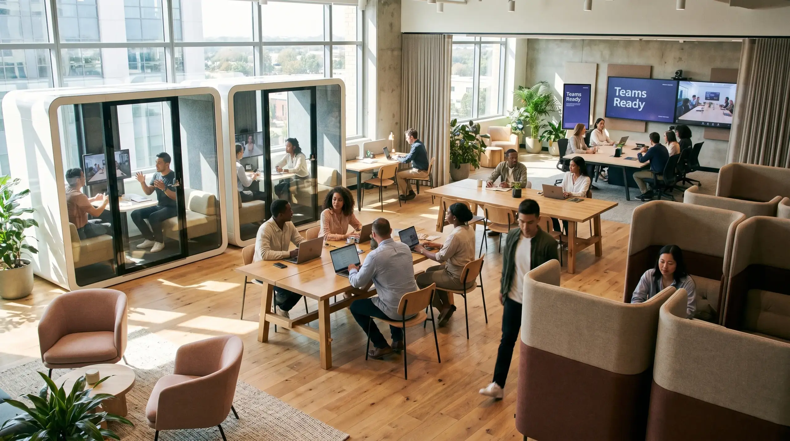 Hybrid office with video-call booths, collaboration tables, touchdown workstations, and quiet corners, bright natural light, and employees choosing their workspaces.