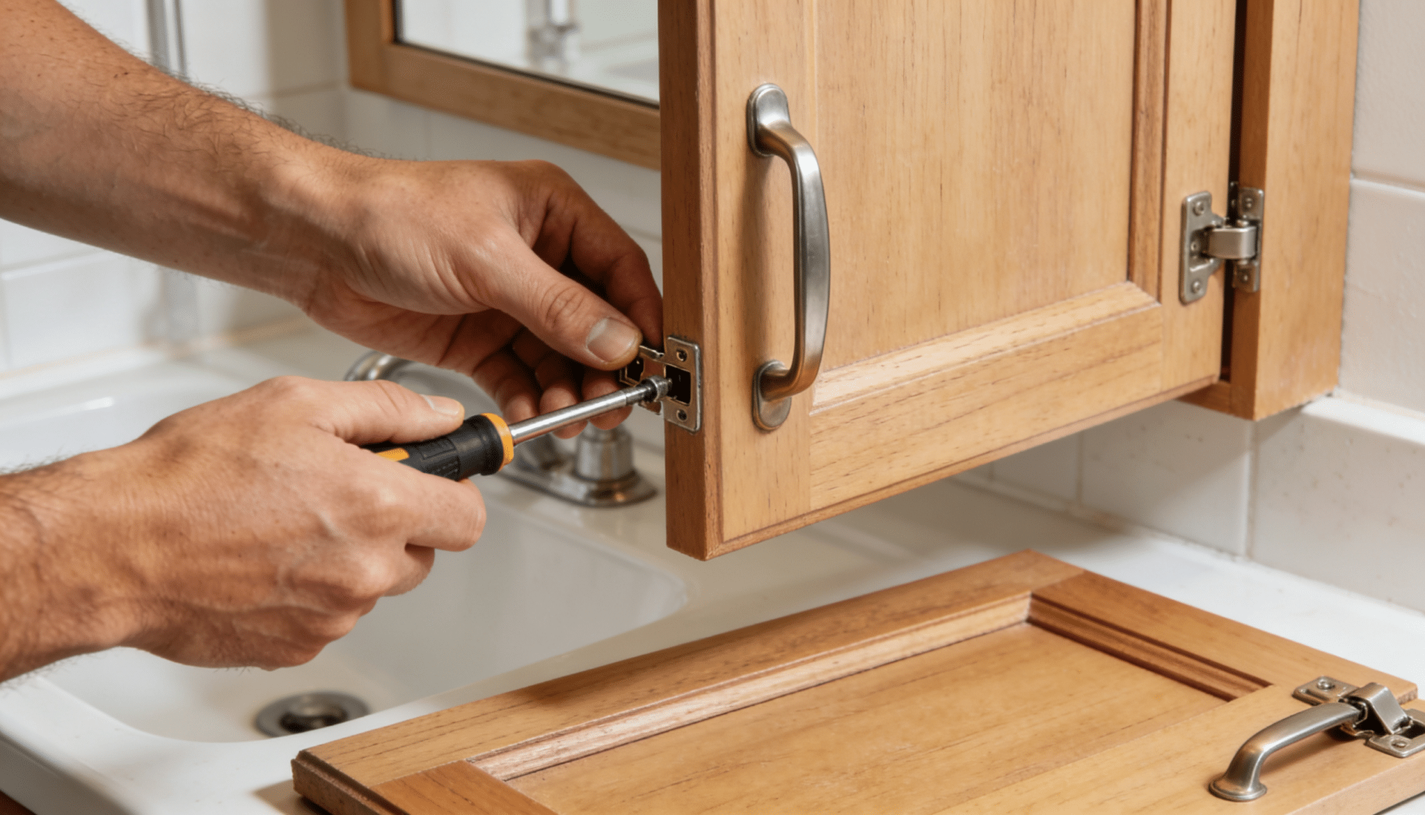 Person removing cabinet doors and hardware to refinish bathroom vanity with labeled screws and tools neatly organized.