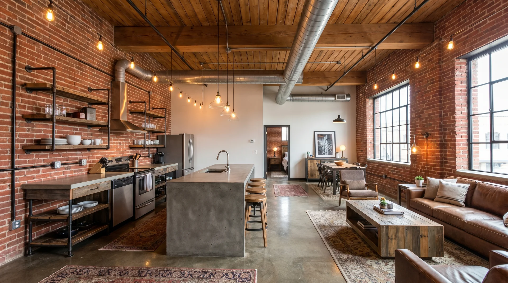 Industrial open layout with exposed brick walls, a wood beam ceiling, concrete island, and a leather sofa by large grid windows.