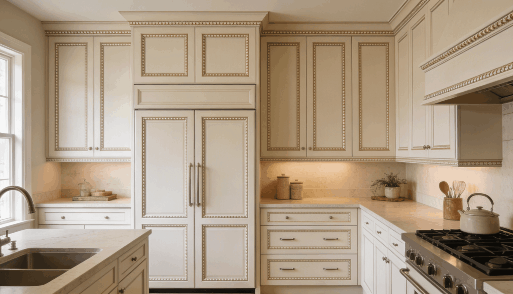 Full-overlay cabinets designed to mimic the appearance of inset cabinetry.