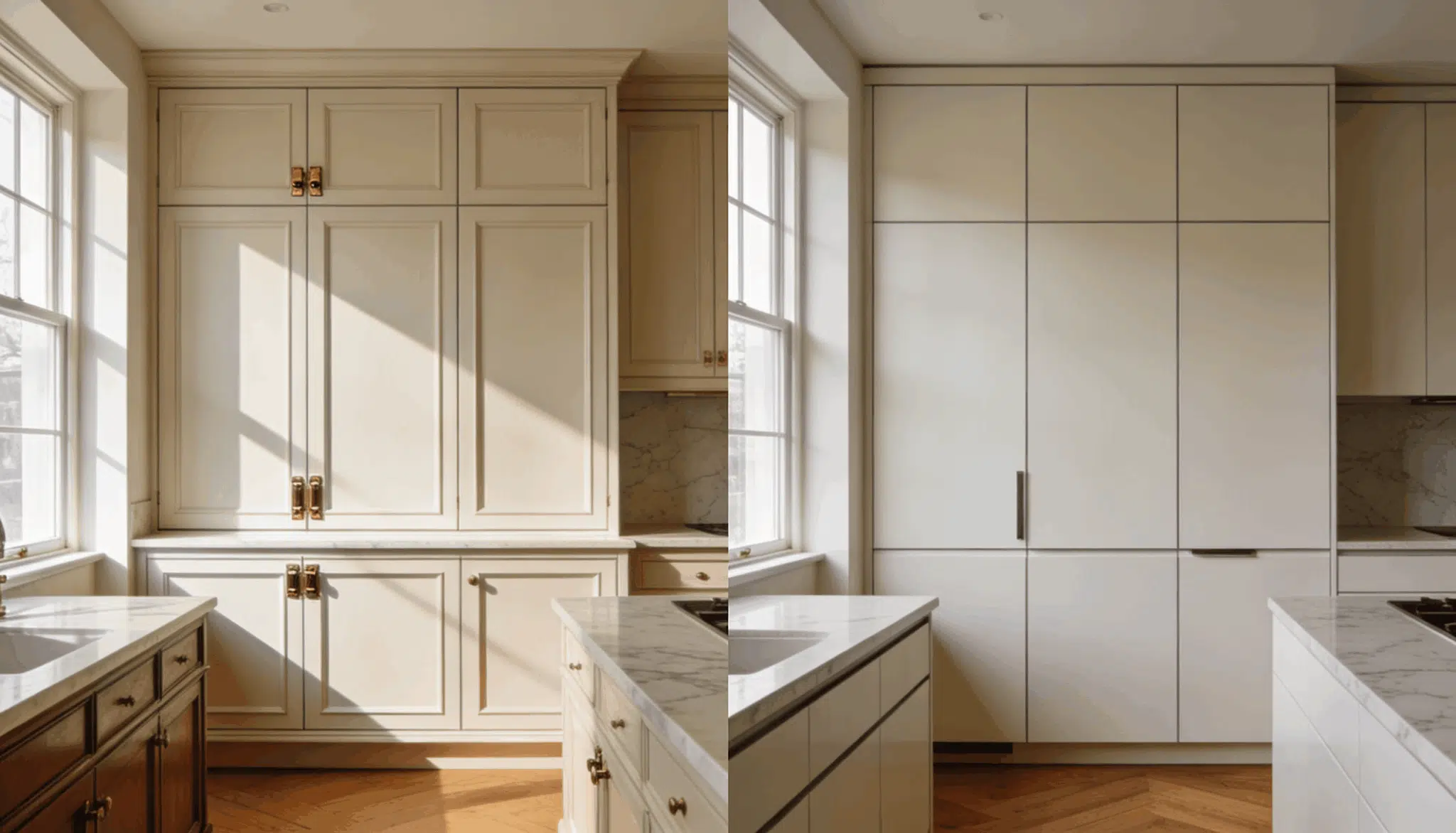 Luxury kitchen comparing inset cabinets and full-overlay cabinets side by side.
