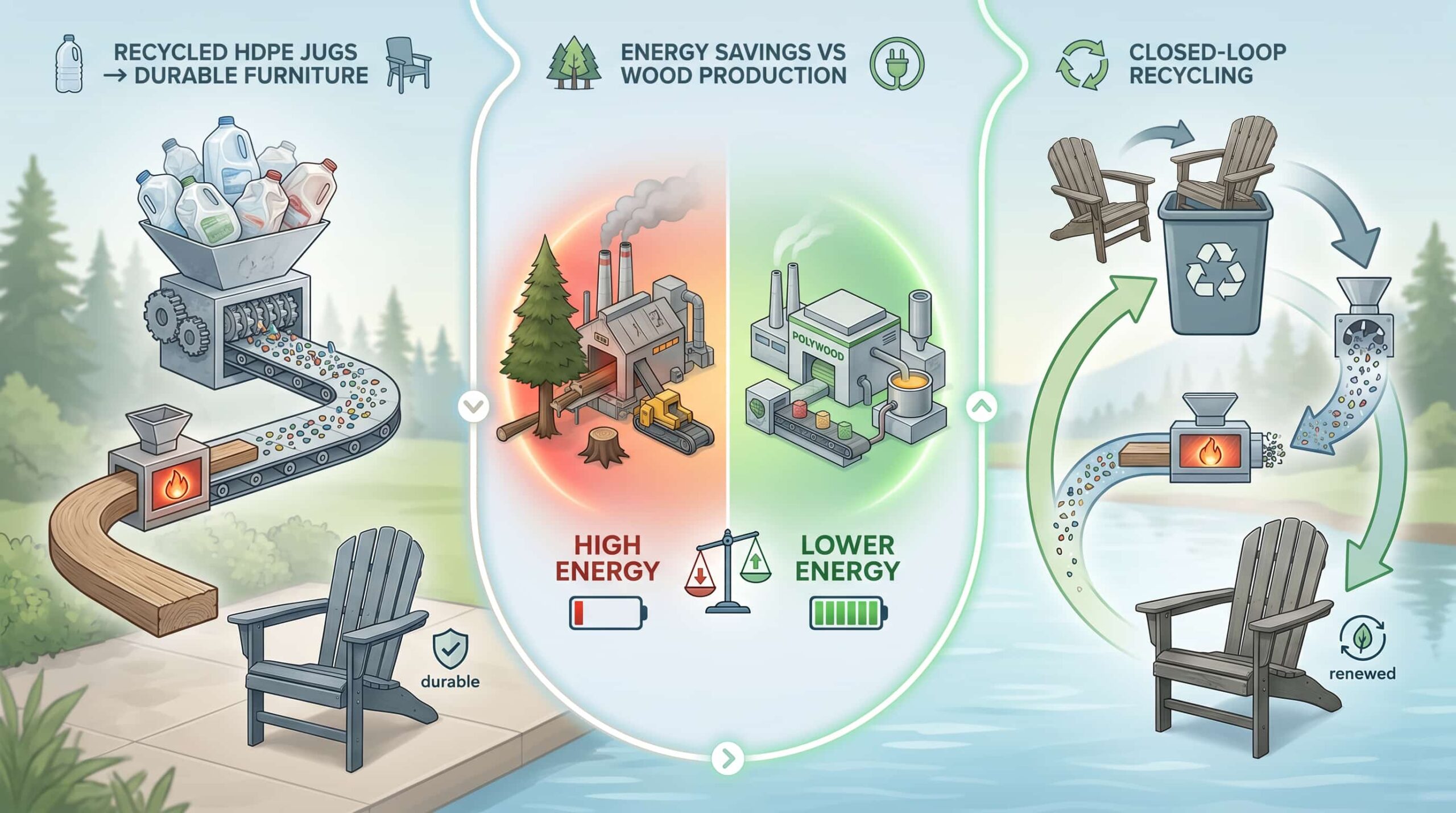 Infographic comparing energy use and recycling process, showing how Polywood furniture is eco-friendly and sustainable.