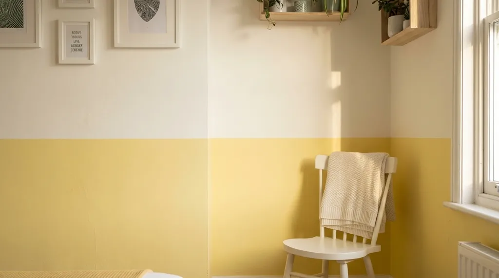 A calming light yellow and white wall with a subtle horizontal color-blocking design, offering a cheerful and bright vibe.