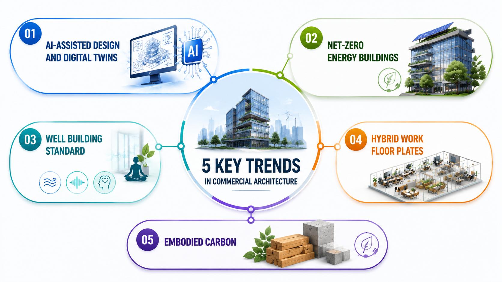 Infographic showcasing commercial building design trends such as AI-assisted design, net-zero energy buildings, WELL certification, hybrid workspaces, and low-carbon materials