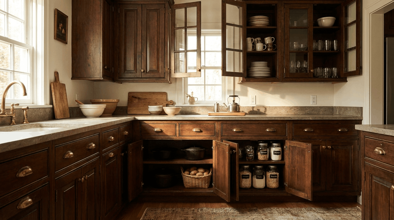 Traditional kitchen cupboard storing dishes, cookware, pantry goods, and glassware.