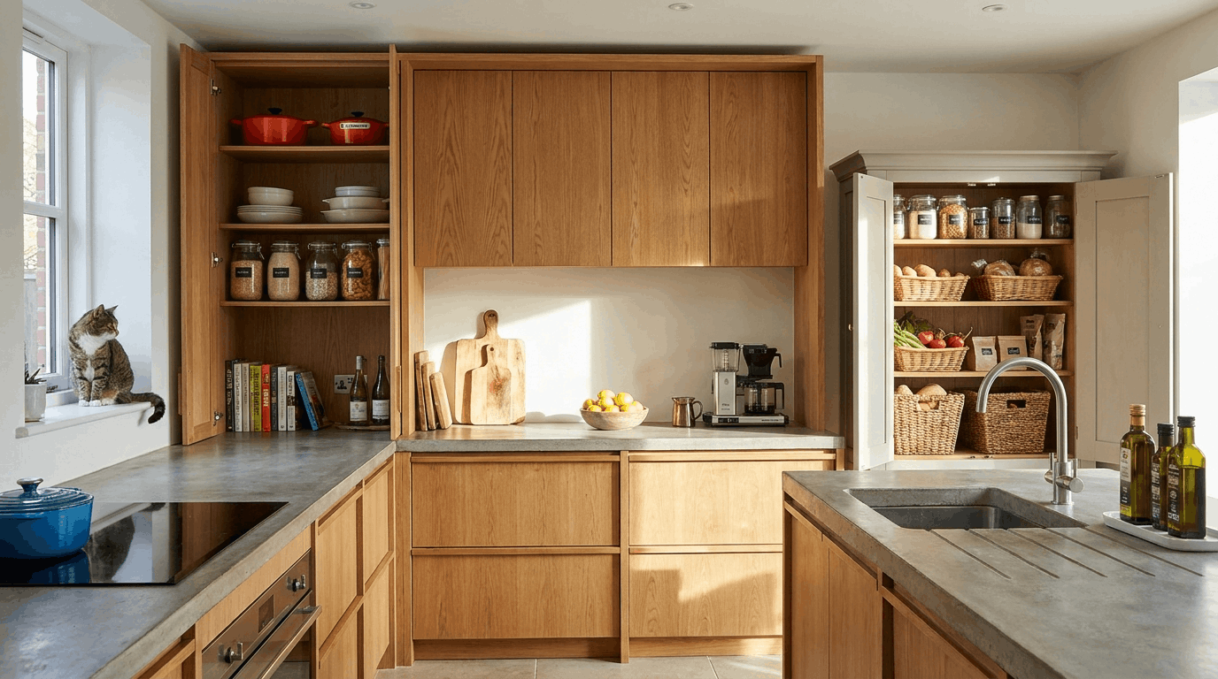 Kitchen cabinets and freestanding pantry cupboard used together in a modern kitchen.