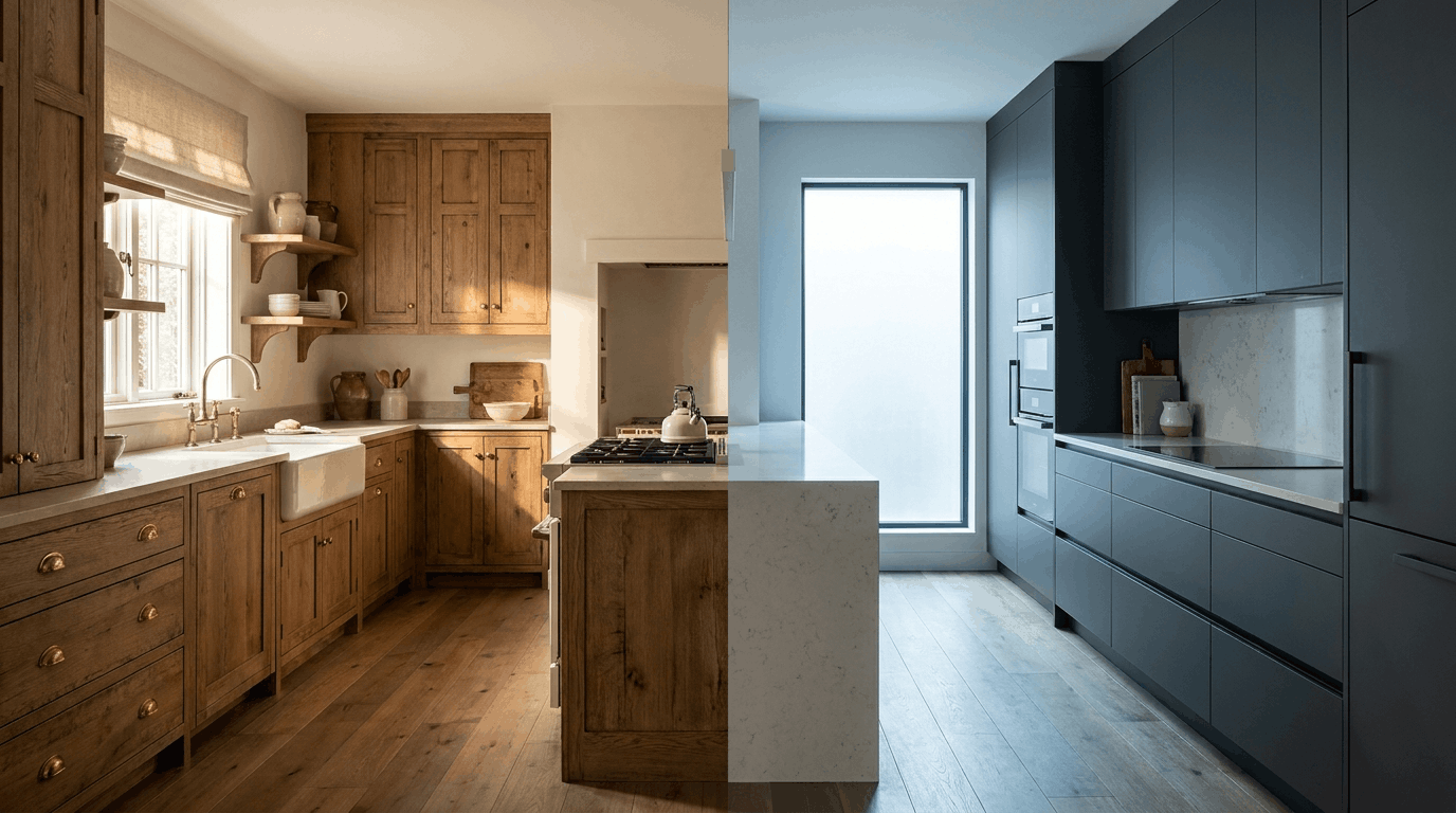 Farmhouse inset cabinets beside modern full-overlay kitchen cabinet designs.