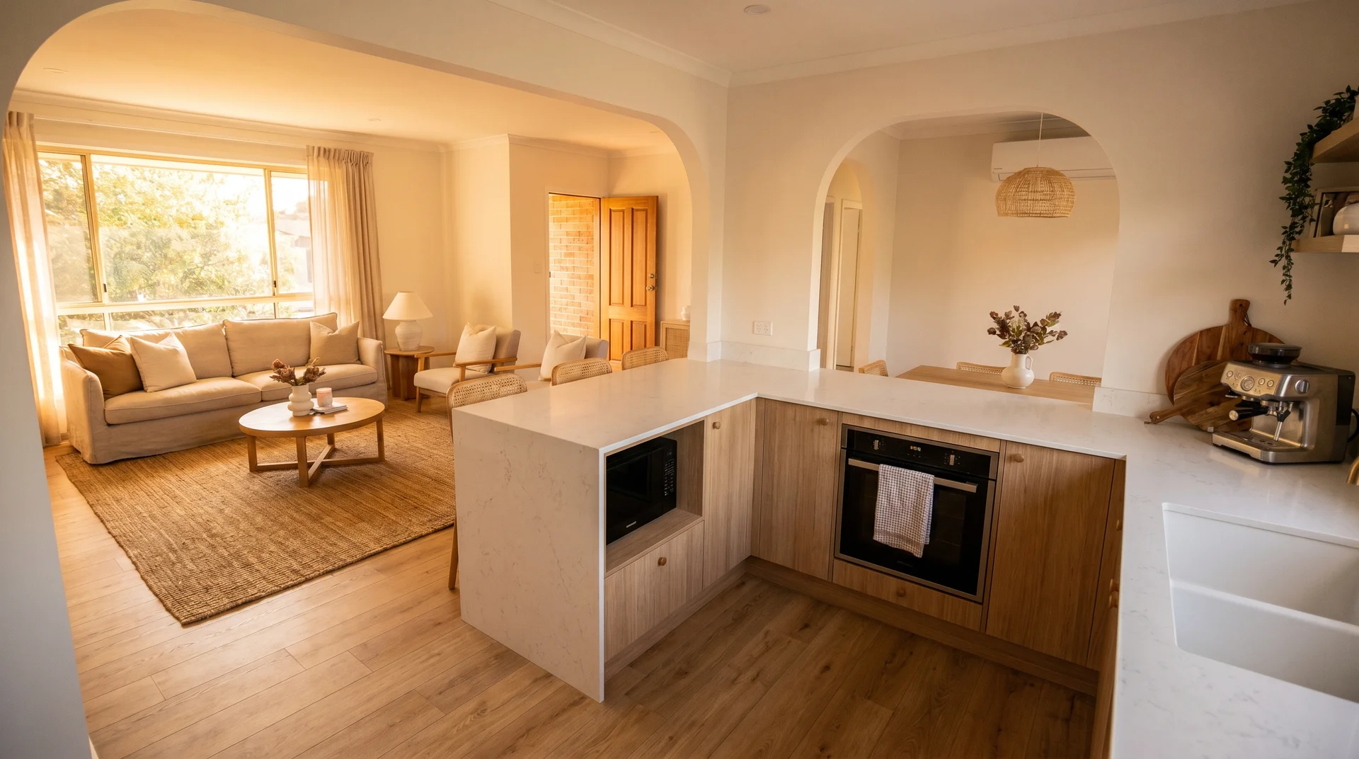 L-shaped kitchen with light wood lower cabinets wrapping into a bright living room featuring an archway and beige sofa.