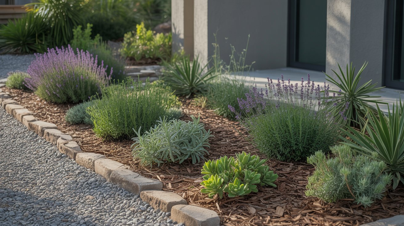 Native plants and fresh mulch in garden beds along a house foundation.
