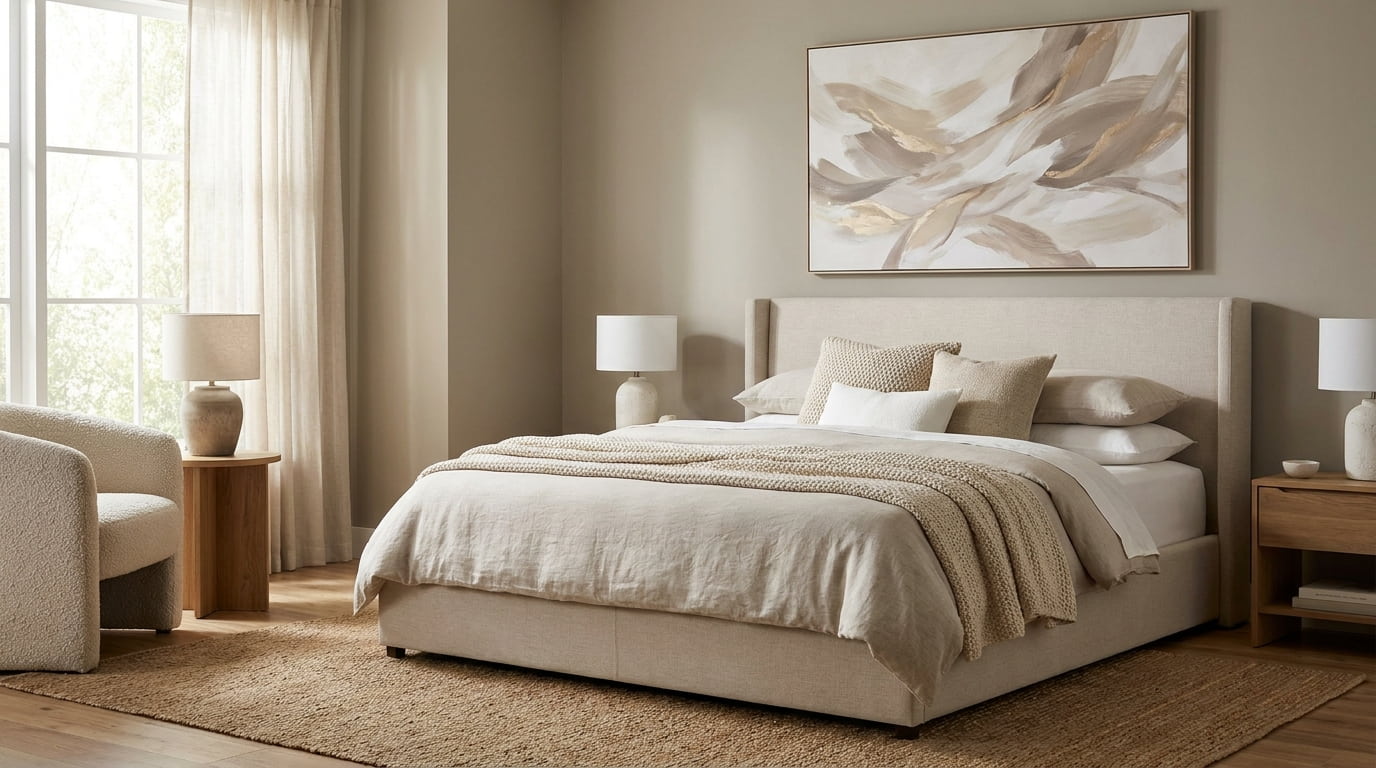 Wall decor for bedroom featuring oversized abstract canvas centered above upholstered bed in a warm neutral space.