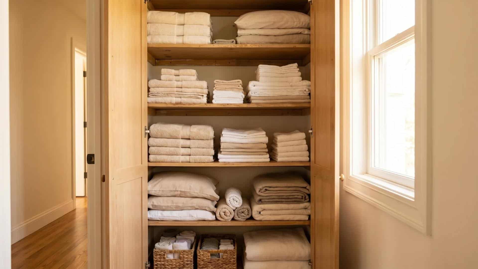 Linen closet with neatly folded towels and bedding in baskets and on shelves