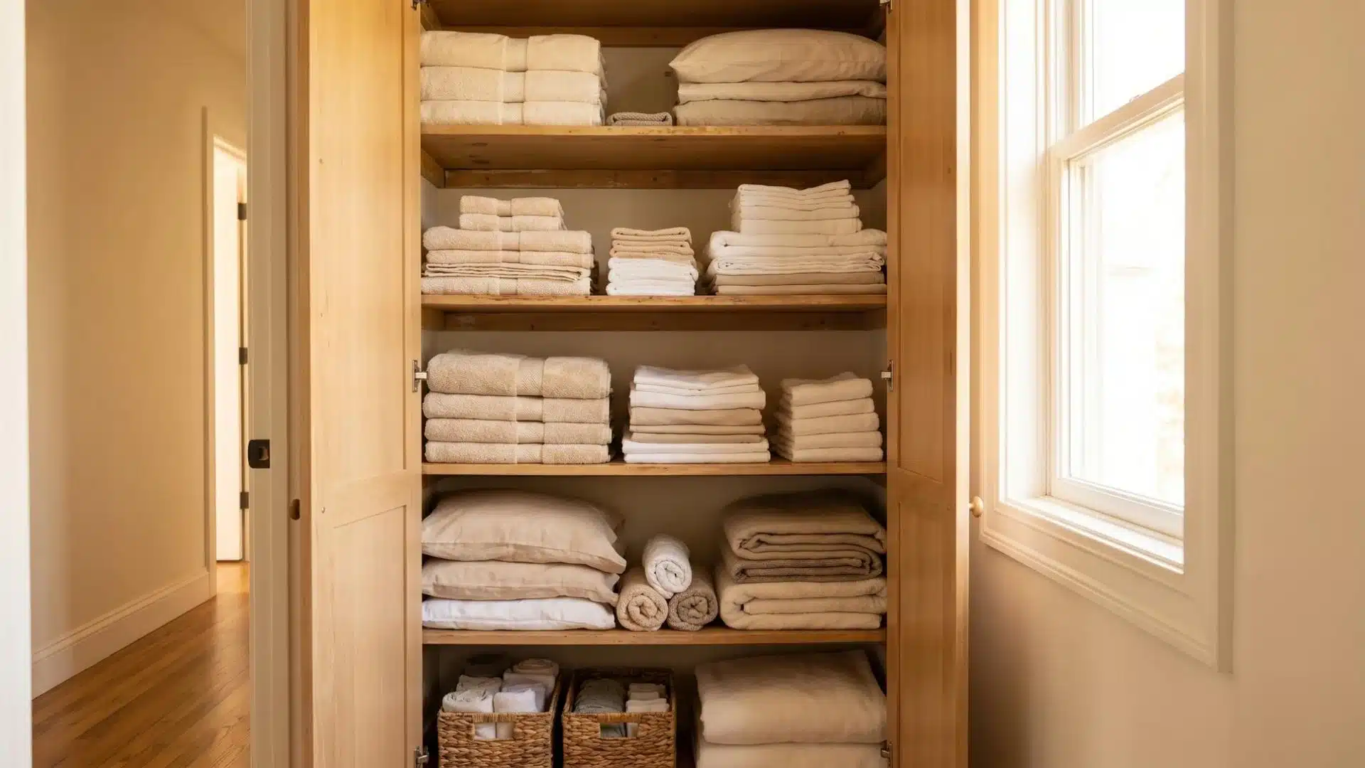 Linen closet with neatly folded towels and bedding in baskets and on shelves