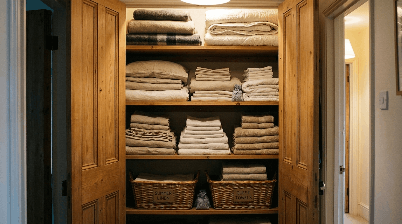Built-in linen cupboard storing folded towels, bedding, blankets, and duvet covers.
