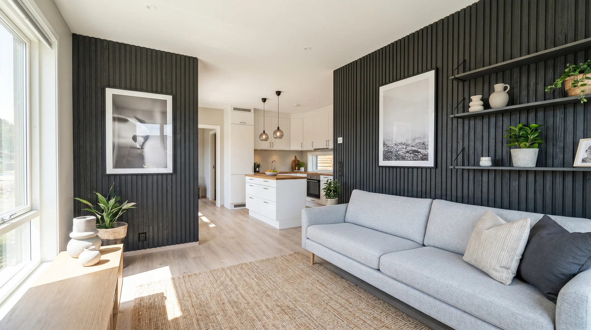 Living room with a dark wood slatted accent wall and light grey sofa, looking into an open-concept white kitchen.
