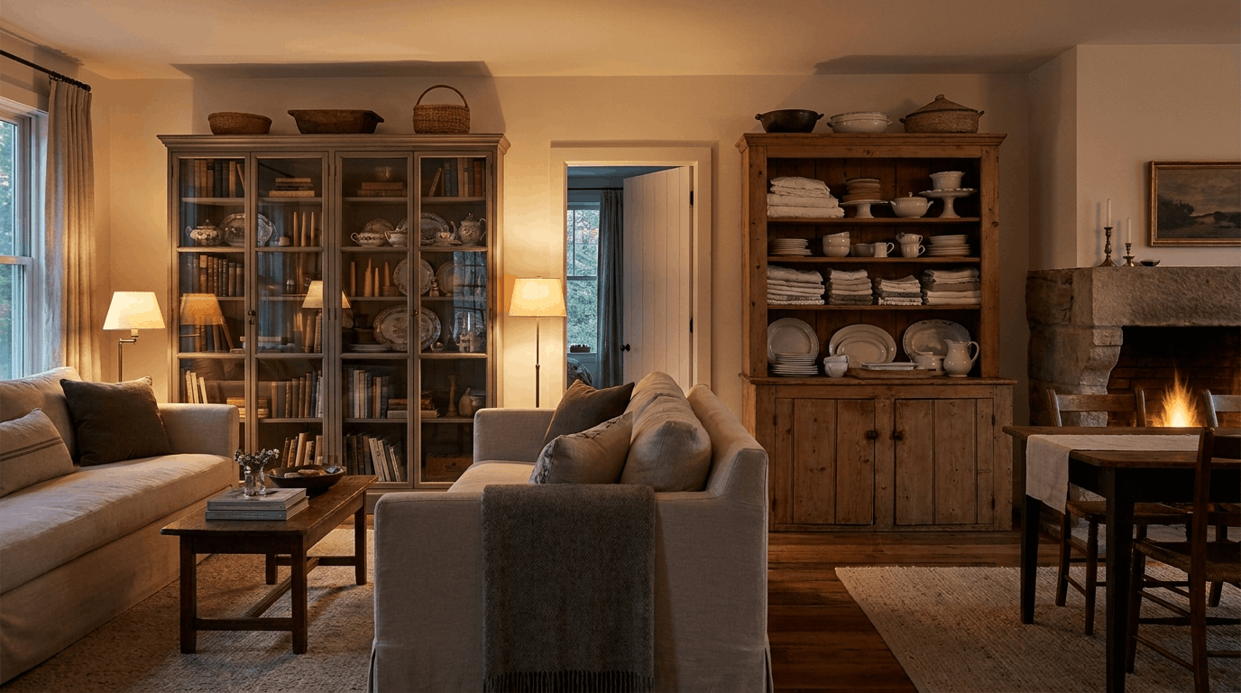 Glass display cabinet beside farmhouse cupboard inside a warm dining room setting.