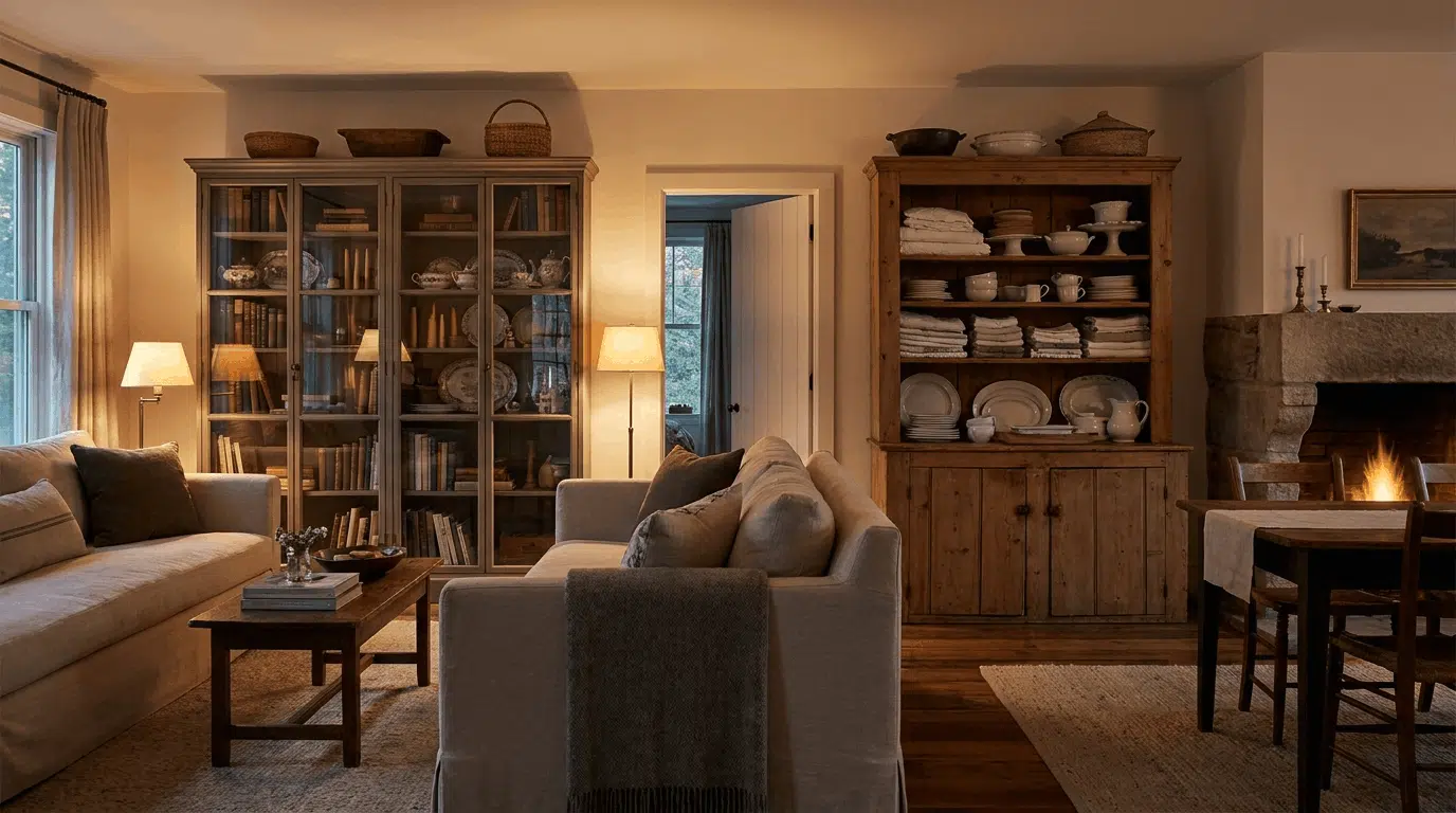 Glass display cabinet beside farmhouse cupboard inside a warm dining room setting.