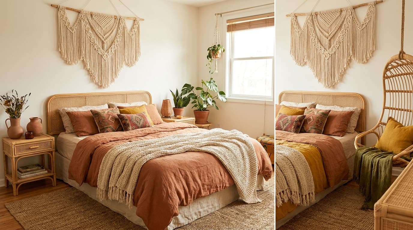 Wall decor for bedroom featuring large macramé wall hanging above rattan bed in a cozy boho setting.