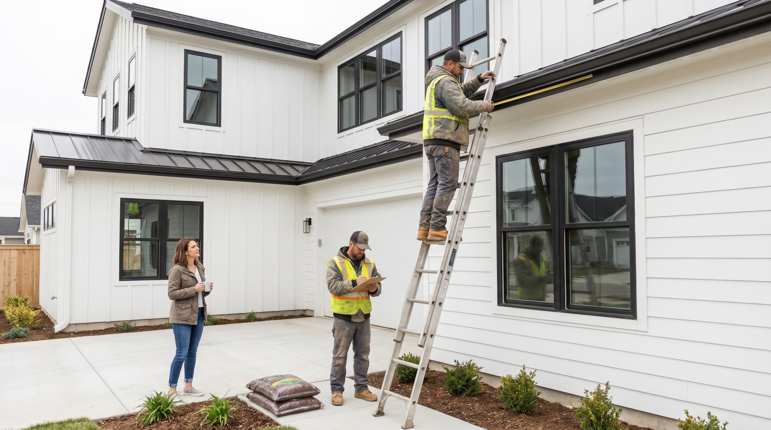 DIY gutter measurement showing measuring tape along the fascia board on the home exterior