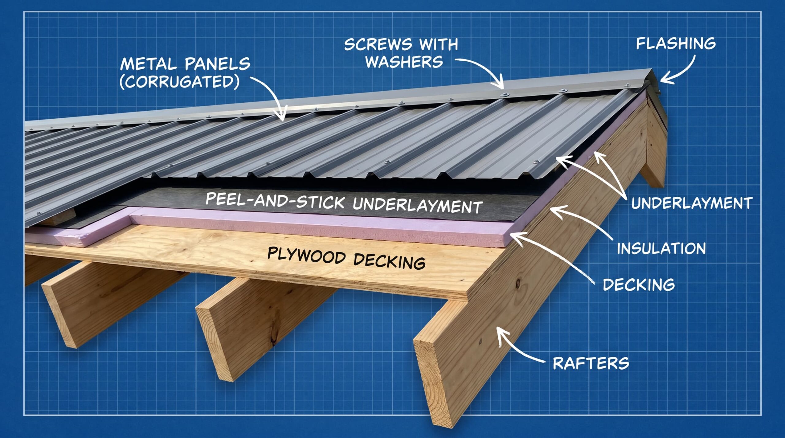 Ultra realistic metal roof installation diagram on a house showing labeled layers including panels underlayment insulation and roof decking
