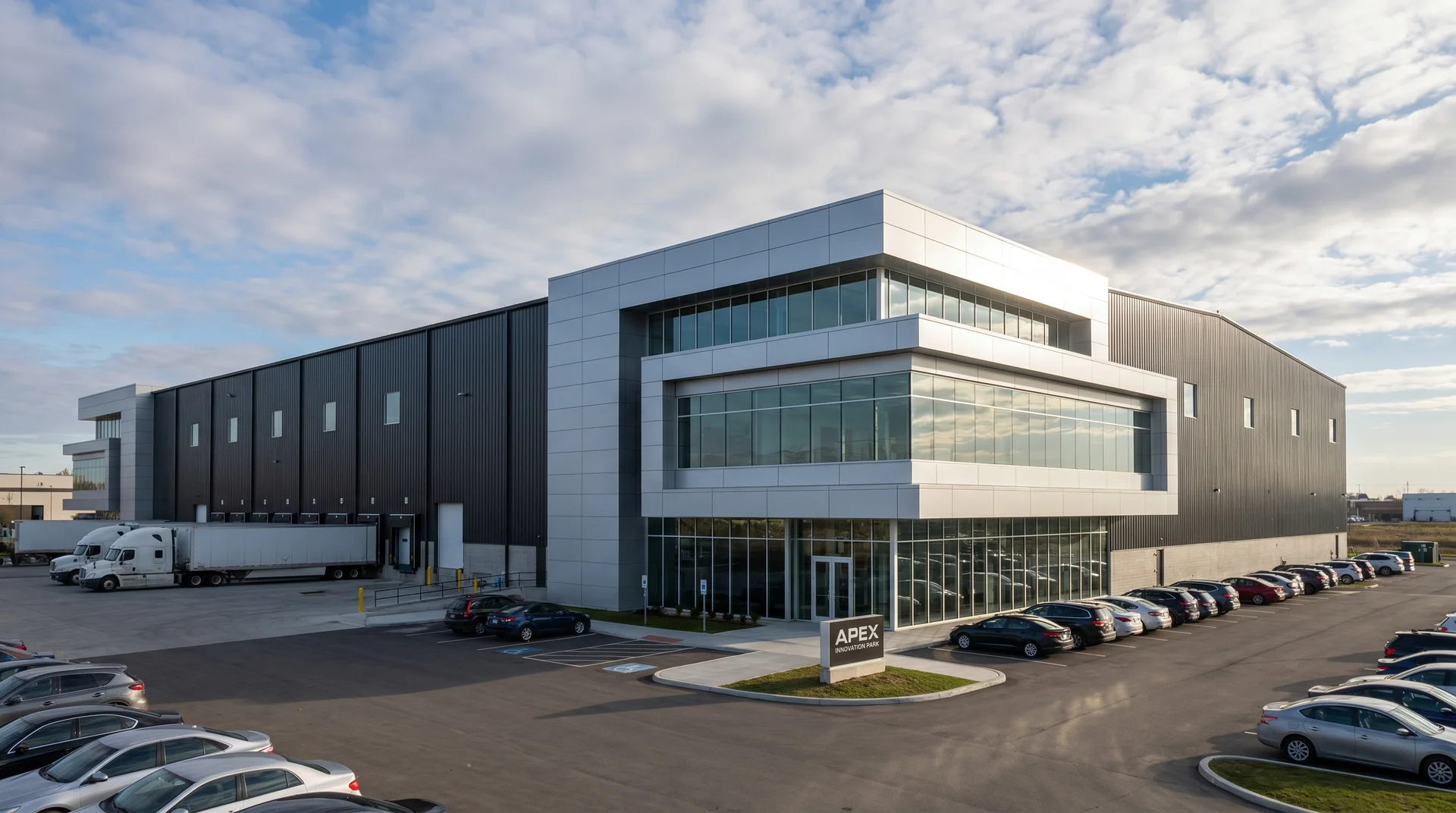 Large commercial building with a combination of dark steel corrugated panels and white ACM panel siding.